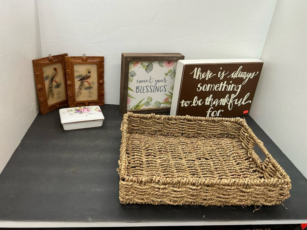 Home decor grouping with woven tray & framed art