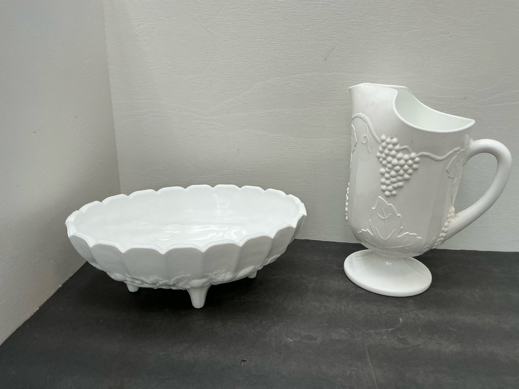 White milk glass pitcher & footed fruit bowl