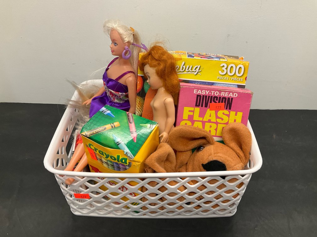 Assorted toys, games, dolls & art supplies with basket