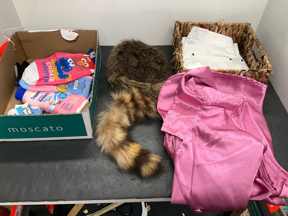 Assorted clothing and accessories with fur cap & socks