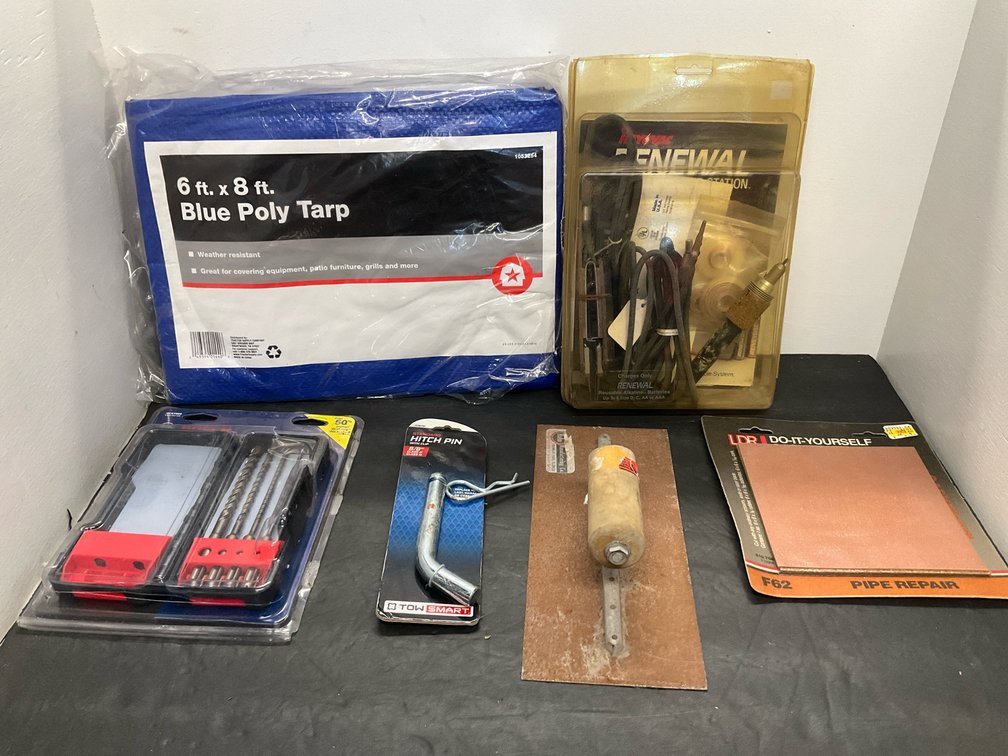 Assorted hardware & tools with 6 x 8 ft poly tarp
