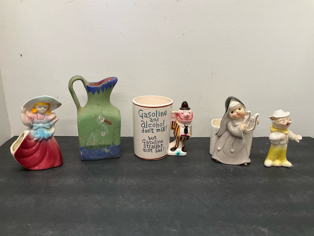 Grouping of ceramic figurines, planters, pitcher & mug