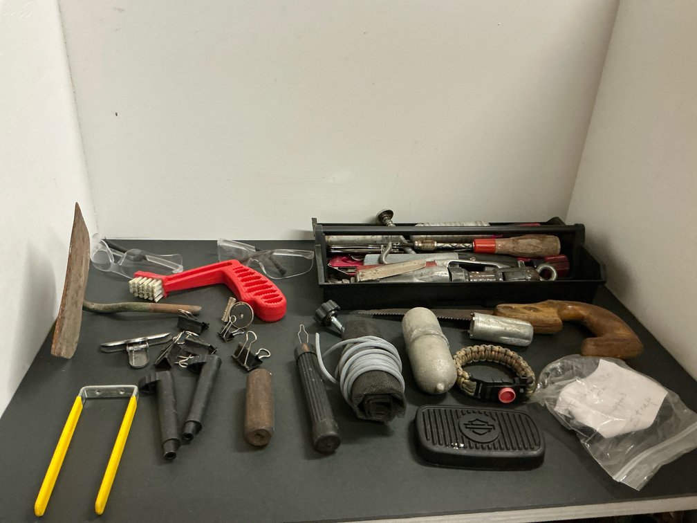 Tool caddy with assorted hand tools & hardware