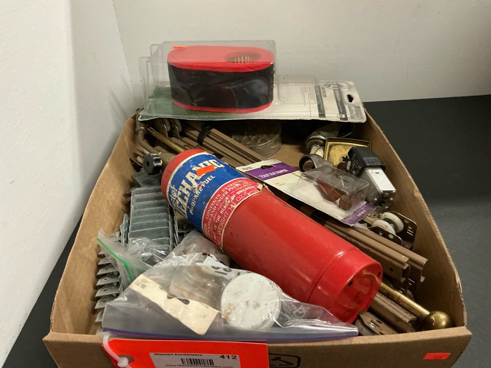 Hardware box lot with propane cylinder & air filter