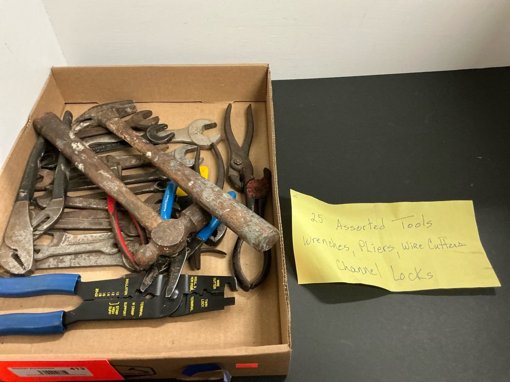 Assorted hand tools with wrenches, pliers & hammers, channel locks