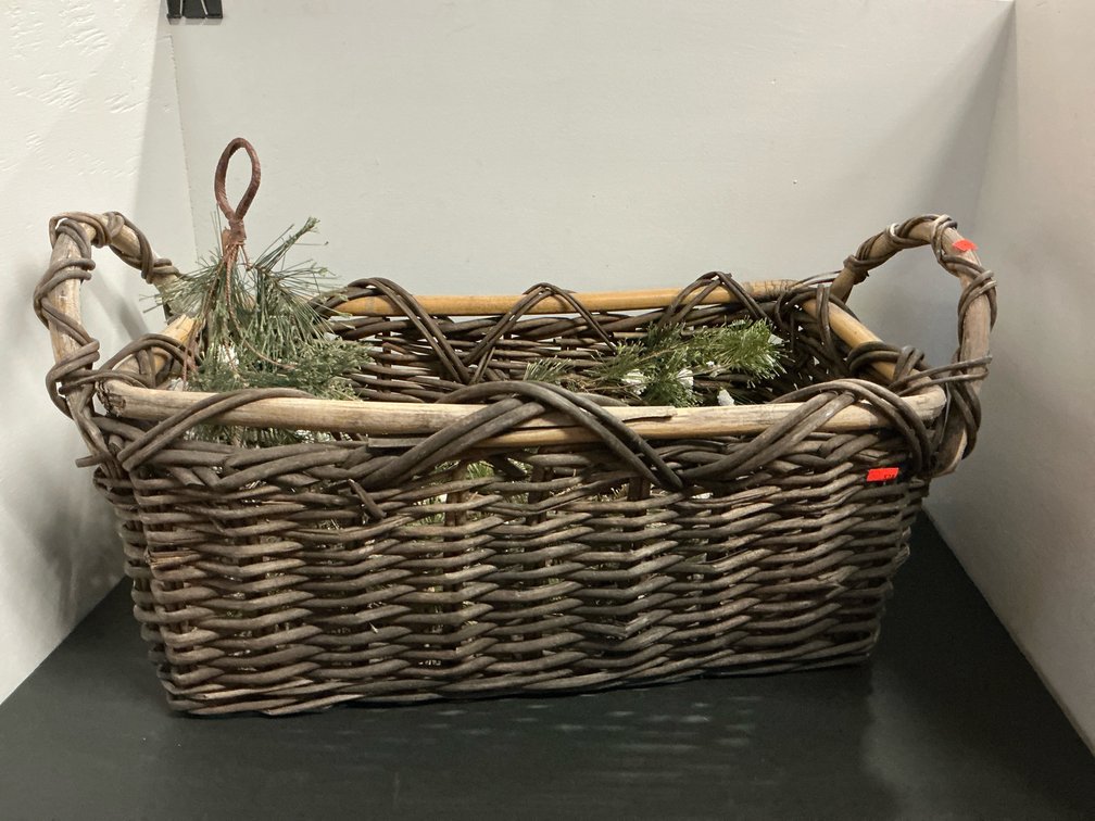 Rectangular woven wicker basket with handles