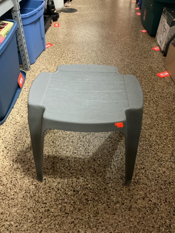 Gray molded plastic outdoor stool or side table 15” tall