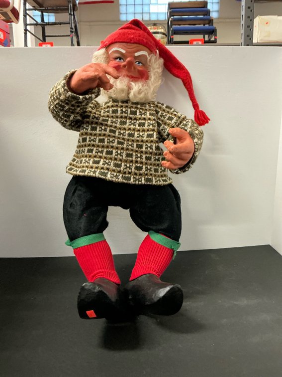 Gnome figure in patterned knit sweater & red stocking cap 2’ tall