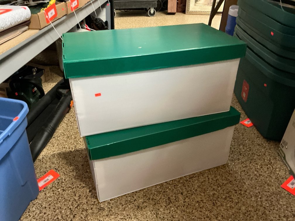 2 corrugated plastic storage boxes with green lids