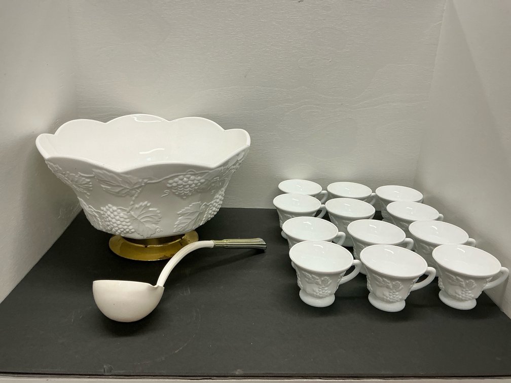 Milk glass grape motif punch bowl set with cups & ladle