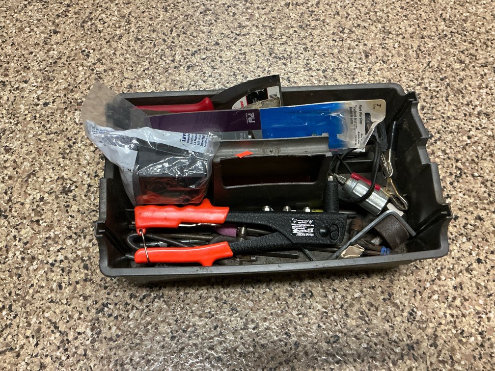 Plastic tool caddy with hand tools & hardware