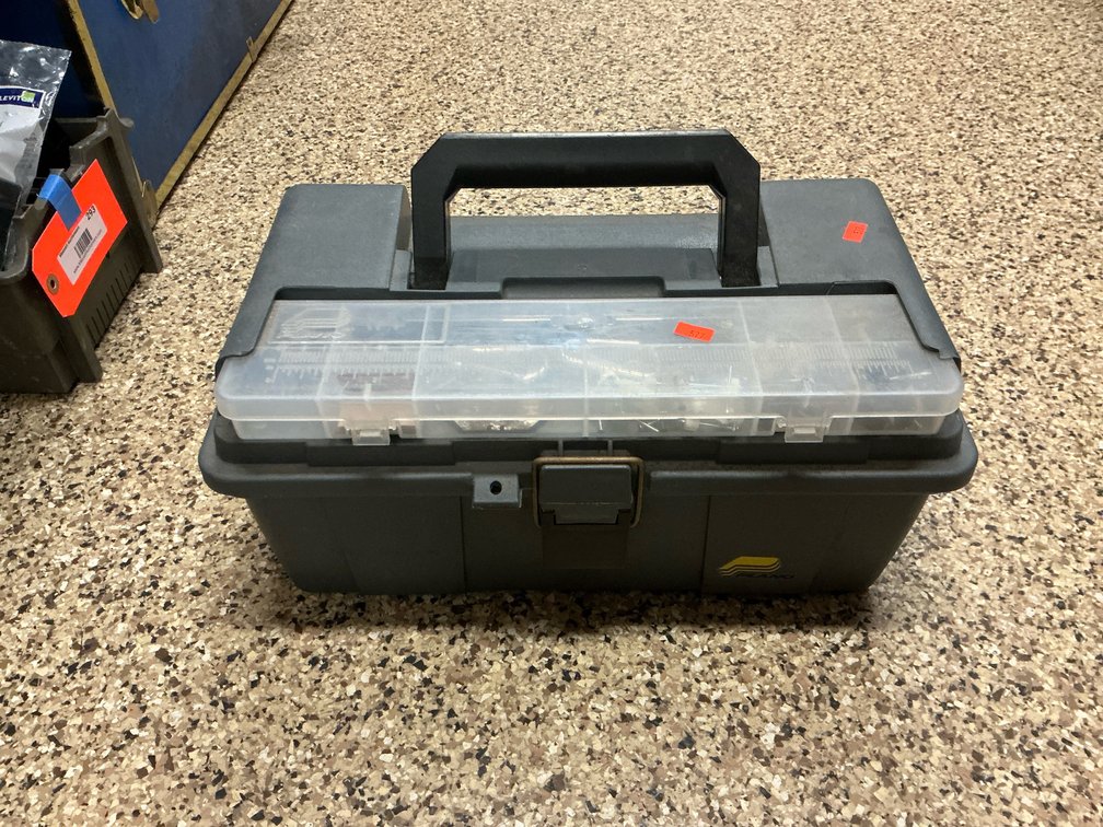 Plano gray plastic toolbox with contents