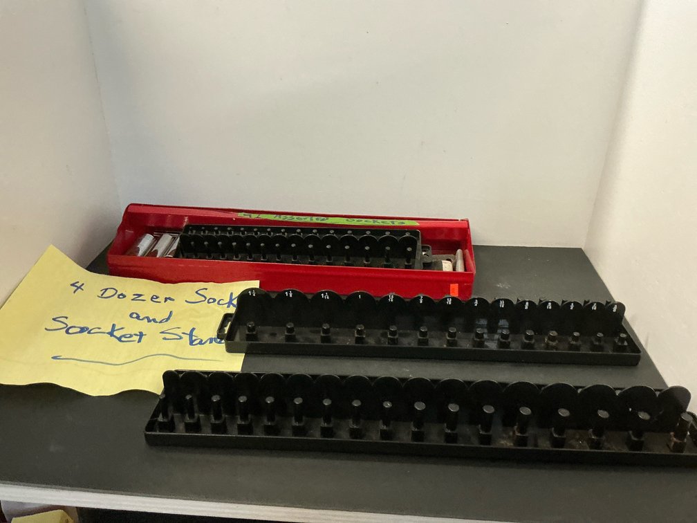 Assorted sockets with organizer trays & red metal tray