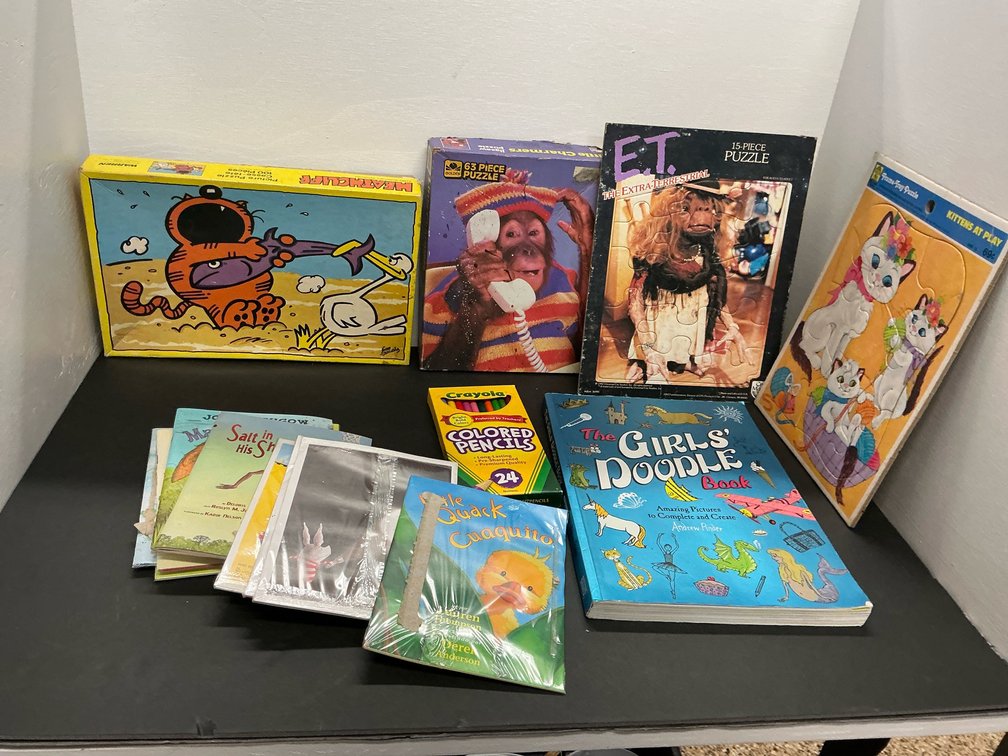 Children's puzzles, storybooks & colored pencils