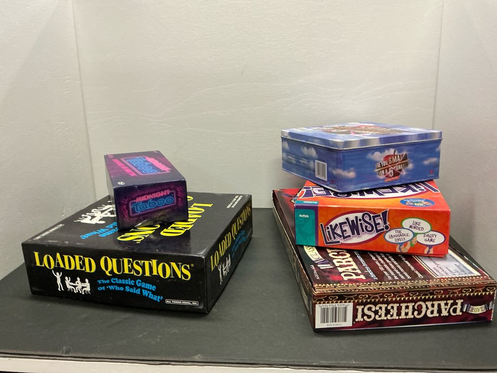 Group of board & party games with Taboo & Parcheesi