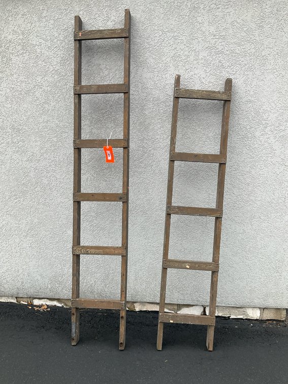 Pair of wooden straight ladders, 5-rung & 6-rung
