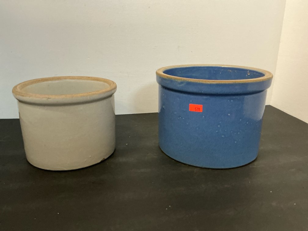 Pair of glazed stoneware crocks in blue & off-white