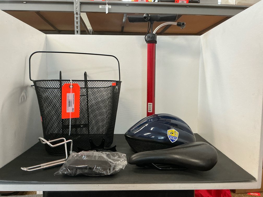 Bicycle accessories with basket, pump, helmet & saddle