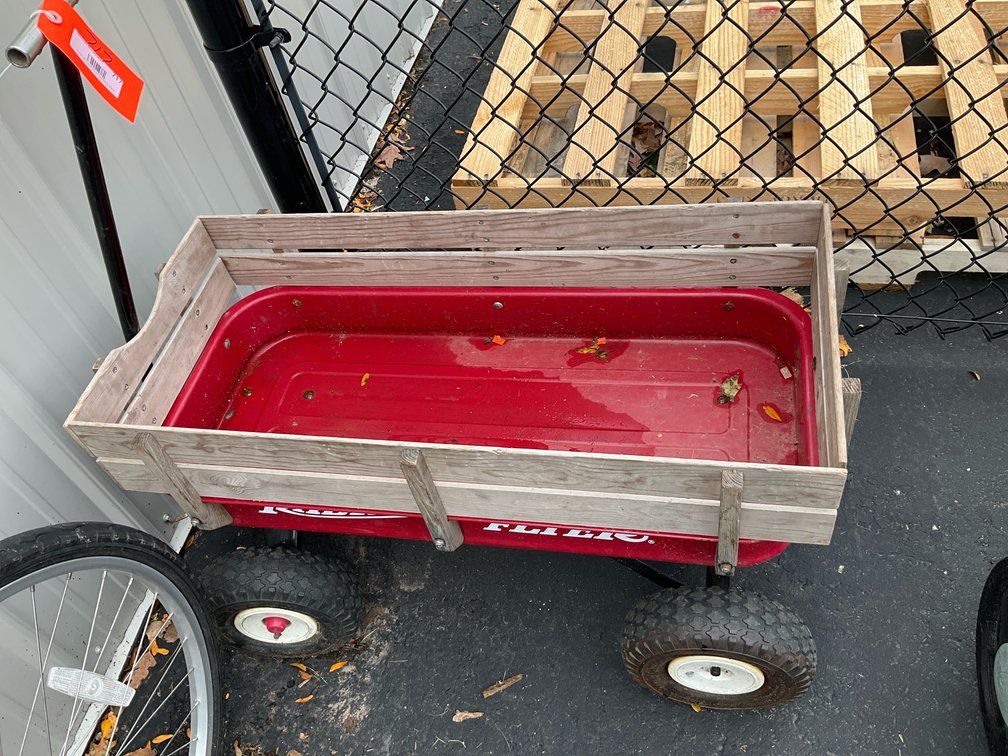 Radio Flyer wagon with wooden stake sides