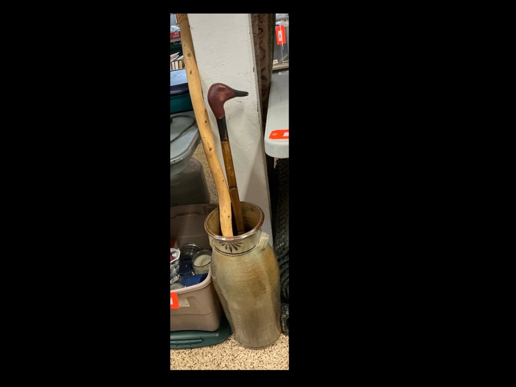 Stoneware umbrella stand & 2 wooden walking sticks