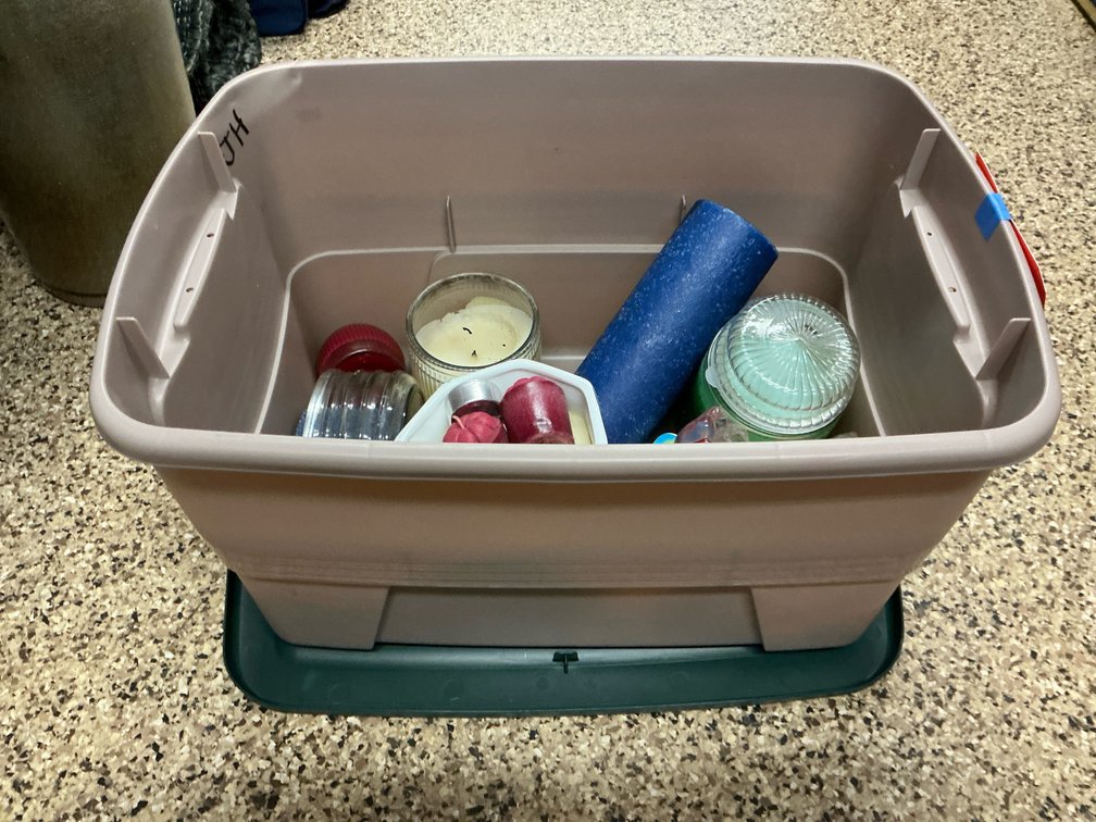 Assorted candles & candle holders with storage tote