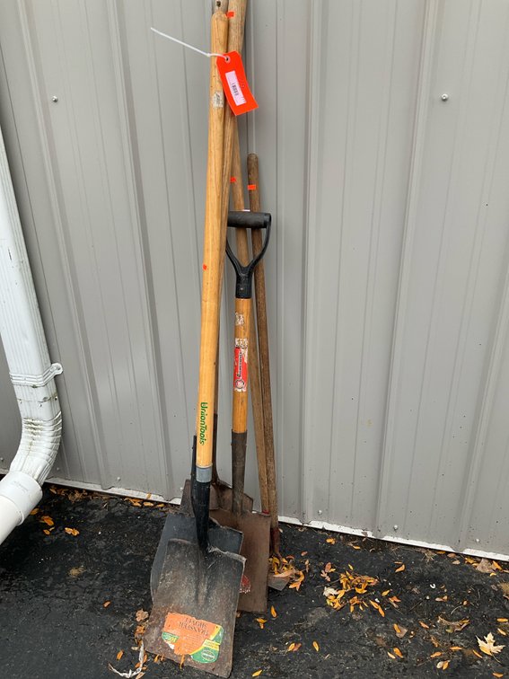 Assorted shovels & yard tools with wood handles