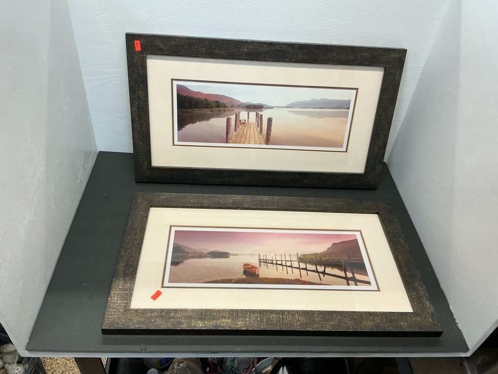 Pair of framed panoramic lake prints