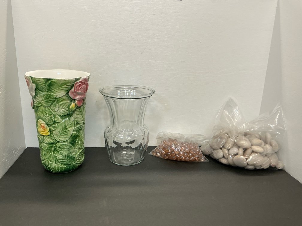 Ceramic floral vase, glass vase, stones & beads