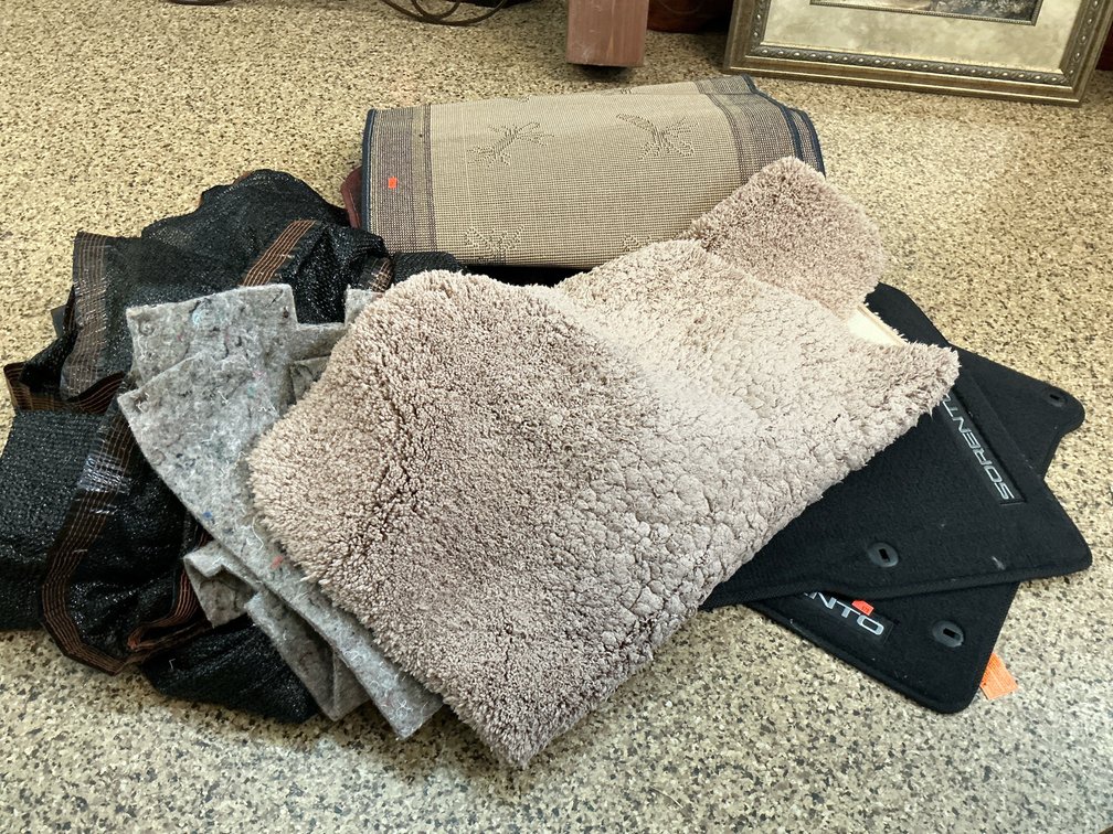 Grouping of runner rugs, car mats, bath mat & mesh tarp