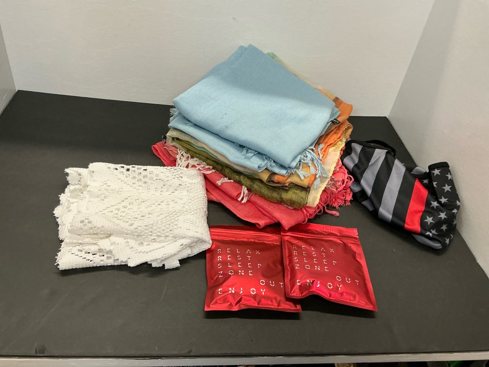 Fringed scarves, lace runner, face gaiter & pouches