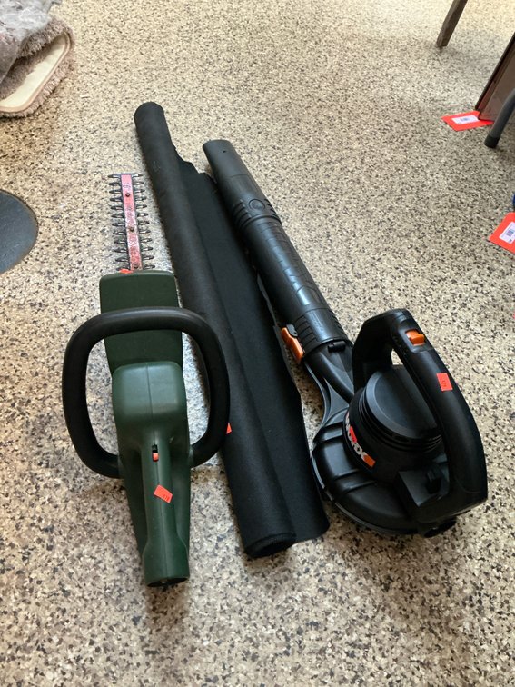 Electric leaf blower, hedge trimmer & landscape fabric