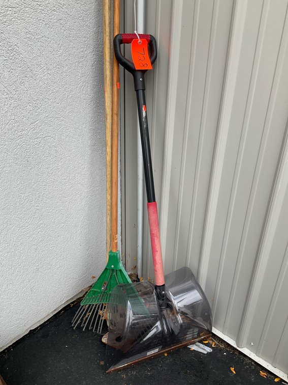Grouping of yard tools including snow shovel & leaf rake