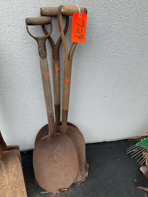 Metal scoop shovels with wood D-handles