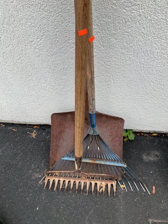 Yard tools including scoop shovel & rakes
