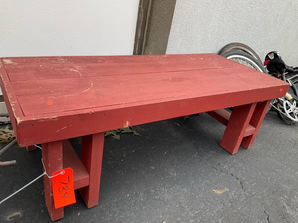 Red painted wooden plank-top low bench