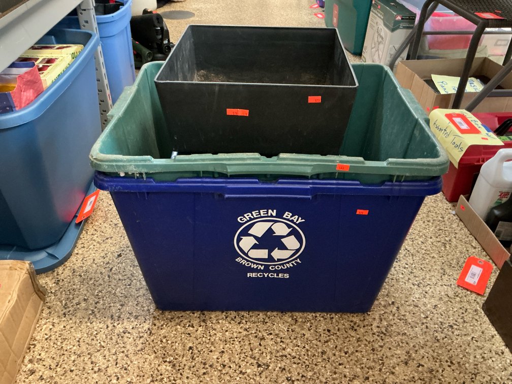 Grouping of plastic recycling bins, milk crate & planter