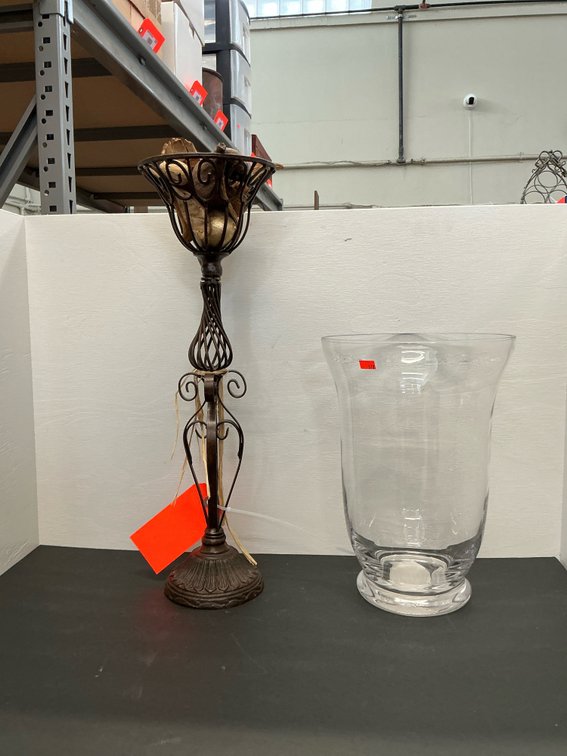Wrought metal pedestal stand & glass hurricane vase