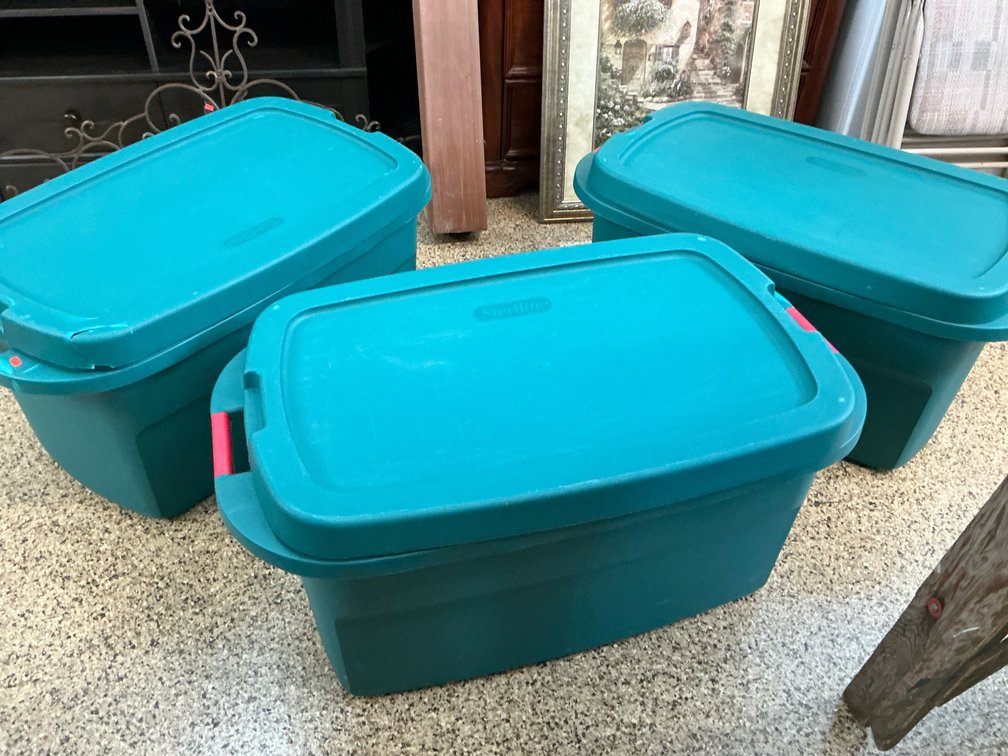3 Sterilite teal plastic storage totes with lids