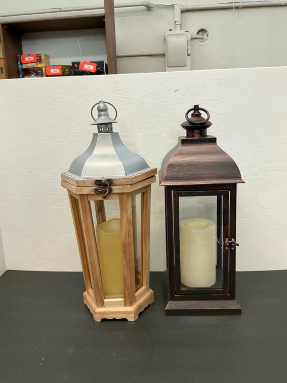 Pair of wood & metal lanterns with flameless candles