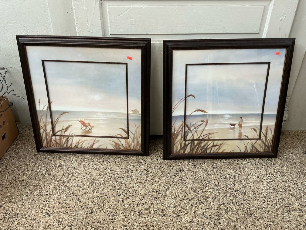 Pair of framed coastal beach scene prints 22x22