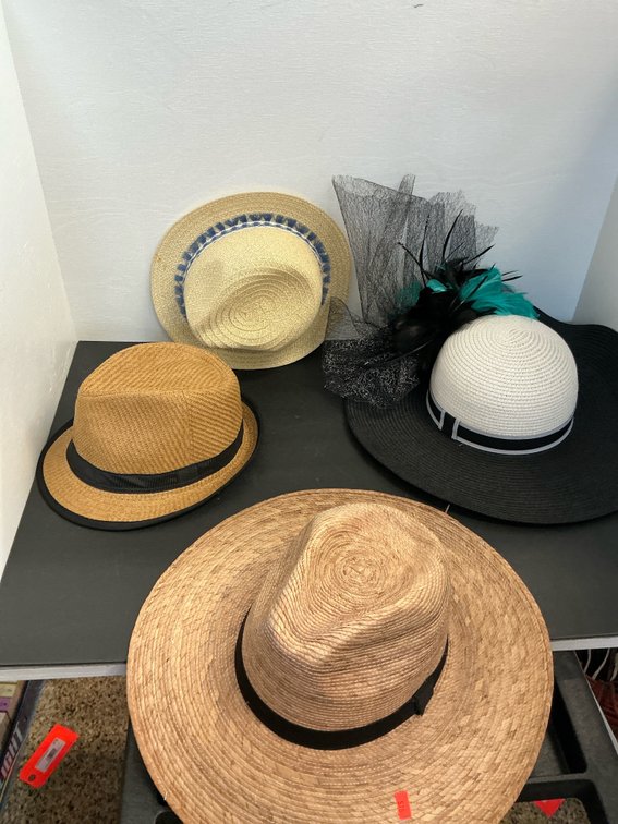 Grouping of straw & woven fedoras & wide-brim hats