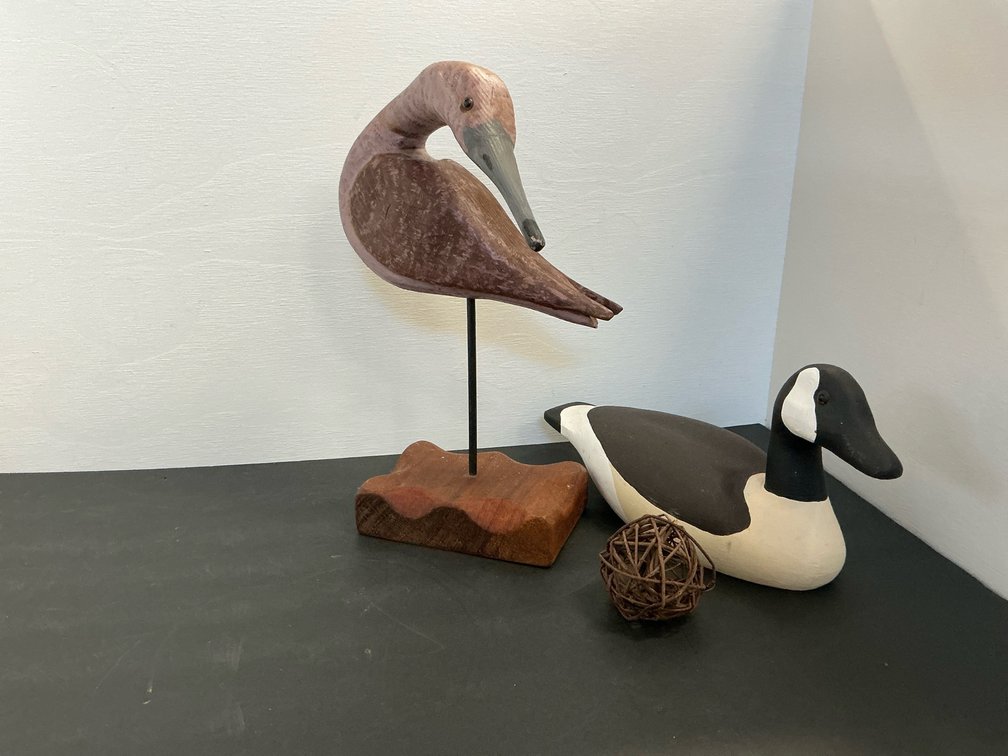 Carved wood goose decoy, shorebird & woven twig sphere