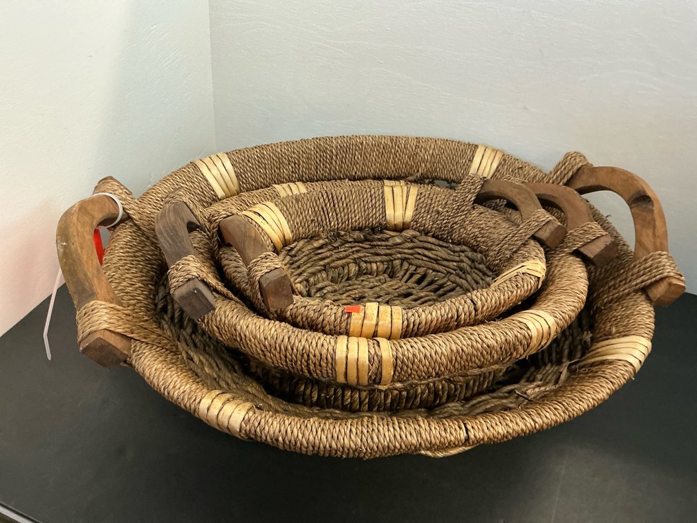 Set of 3 woven rope trays with wood handles