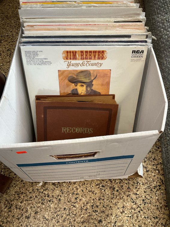 Box of assorted vinyl LP records & album binder