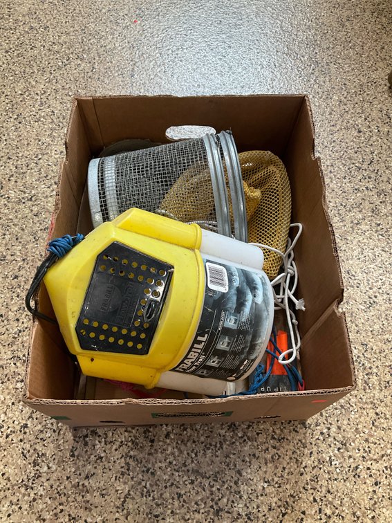 Bait bucket, wire mesh basket & fishing gear