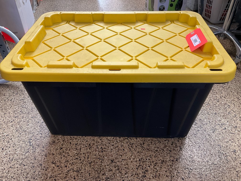 Black heavy-duty storage tote with yellow lid