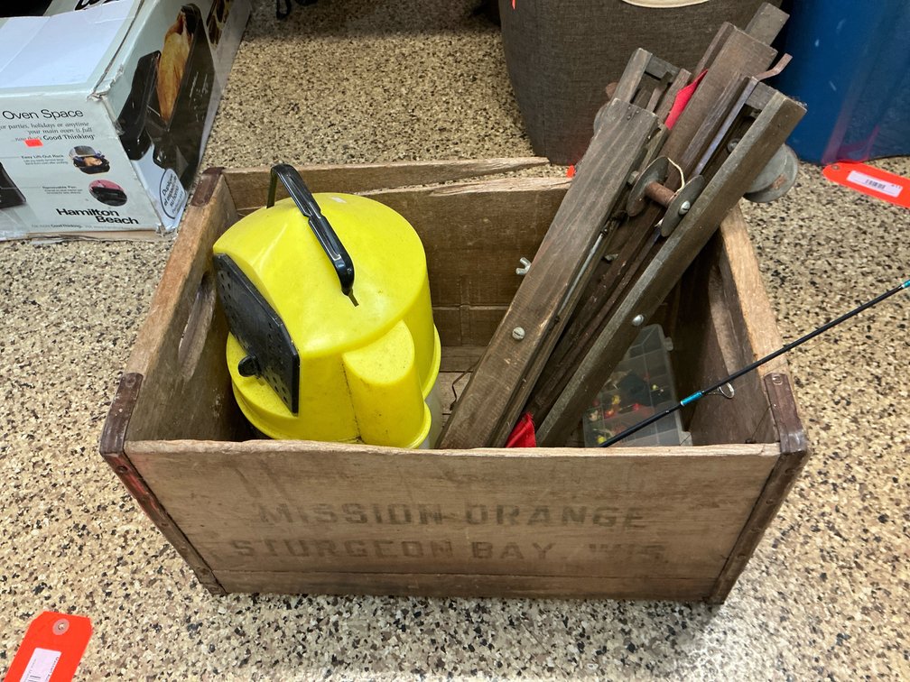 Ice fishing tip-ups, rod, frabill flow troll with wooden crate