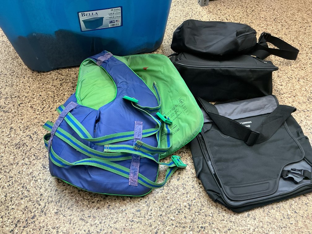 storage tote with life vests & bags