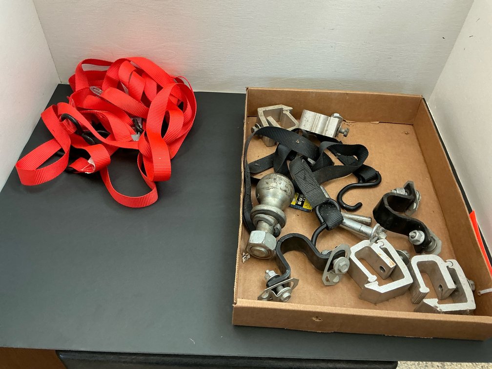 Trailer hitch ball, tie-down straps & topper clamps