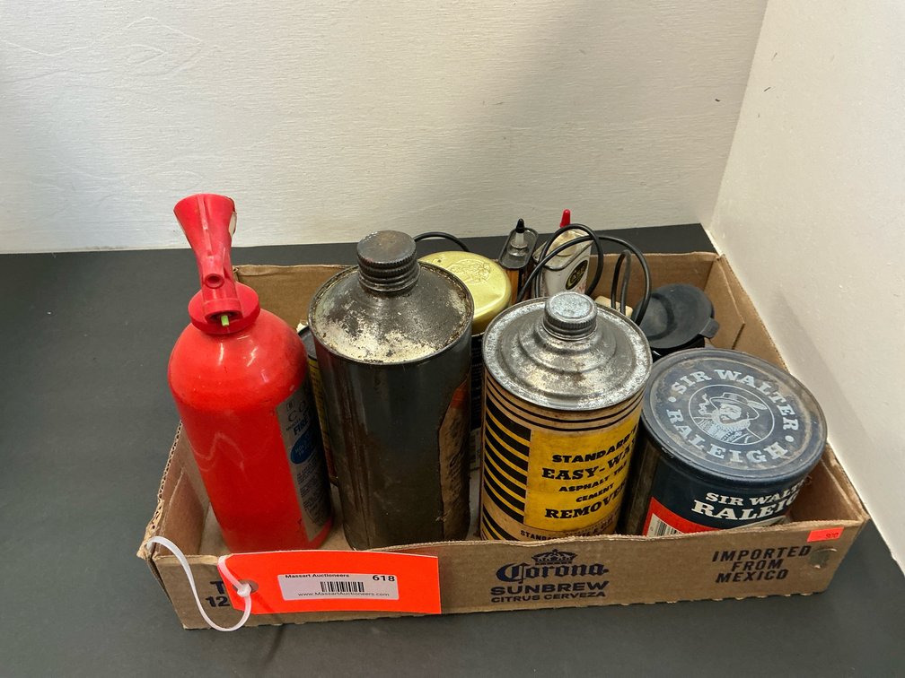 Assorted metal tins, oil cans & garmin GPS unit